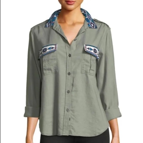 RAILS Kona Button-Front Linen Blend Embroidered Olive Green Shirt Sz L - Picture 1 of 5